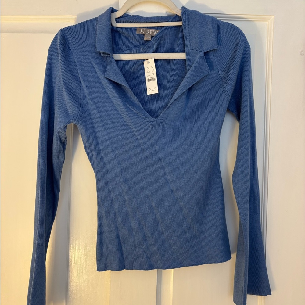 J. Crew Ribbed V-Neck Polo Long-Sleeve Top NWT